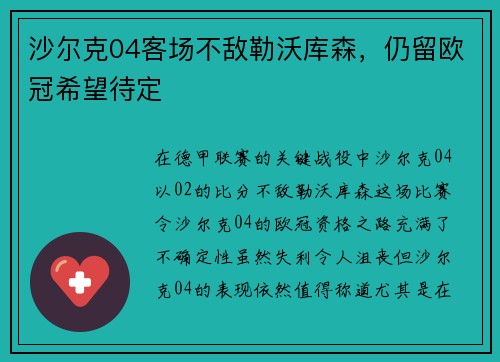 沙尔克04客场不敌勒沃库森，仍留欧冠希望待定