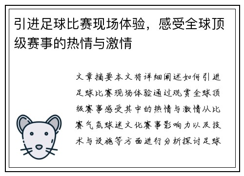 引进足球比赛现场体验,感受全球顶级赛事的热情与激情