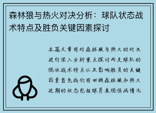 森林狼与热火对决分析：球队状态战术特点及胜负关键因素探讨