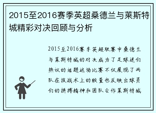 2015至2016赛季英超桑德兰与莱斯特城精彩对决回顾与分析