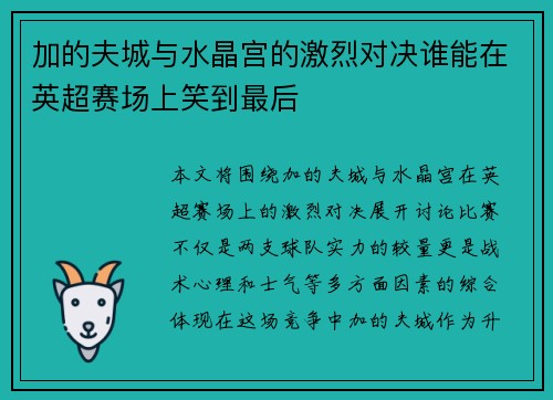 加的夫城与水晶宫的激烈对决谁能在英超赛场上笑到最后