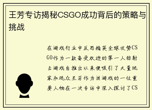 王芳专访揭秘CSGO成功背后的策略与挑战
