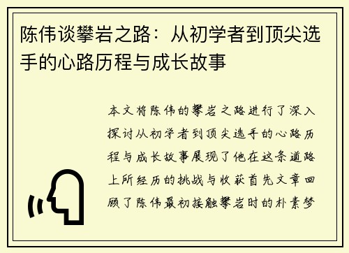 陈伟谈攀岩之路：从初学者到顶尖选手的心路历程与成长故事