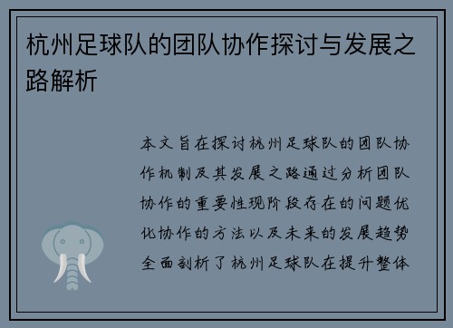 杭州足球队的团队协作探讨与发展之路解析